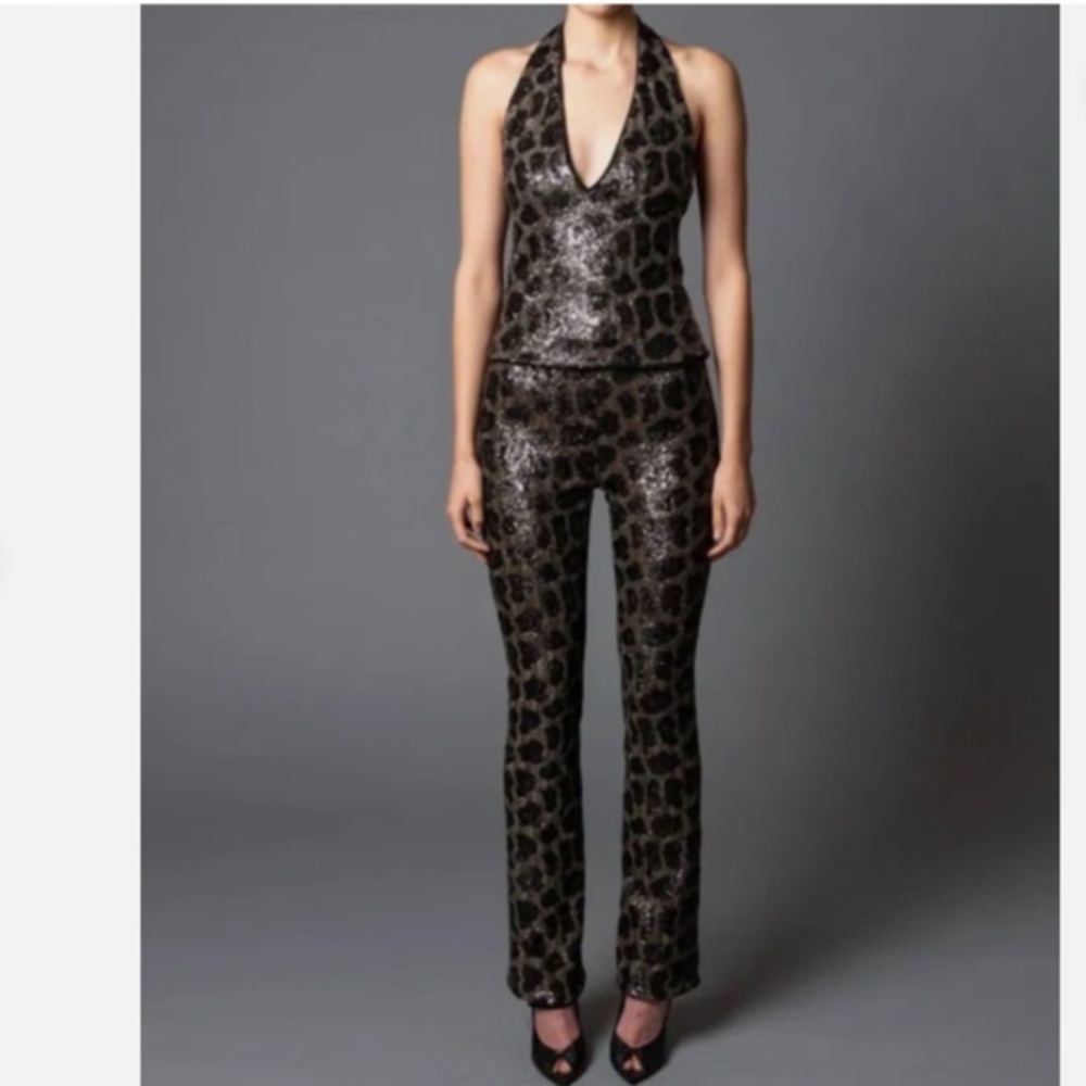 Le Superbe Jerry Sequin Halter Cheetah Leopard Print Top Nwt